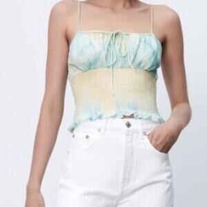 Zara Tie Dye Tank Top Women's Size Medium‎ Tie Front Smocking Ruffles Cropped